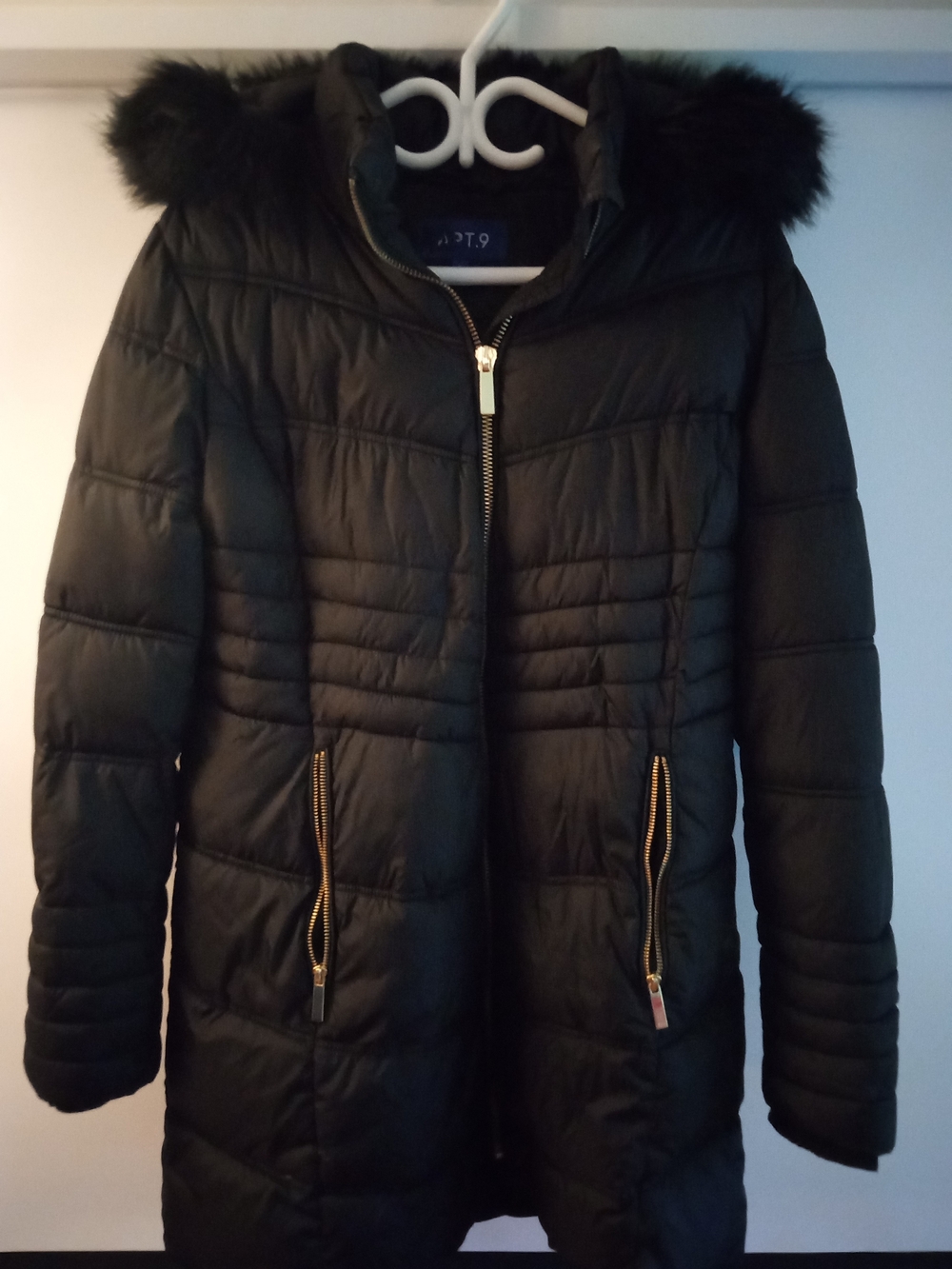 Apt. 9 Black Quilted Hooded Puffer Coat with Faux Fur Trim